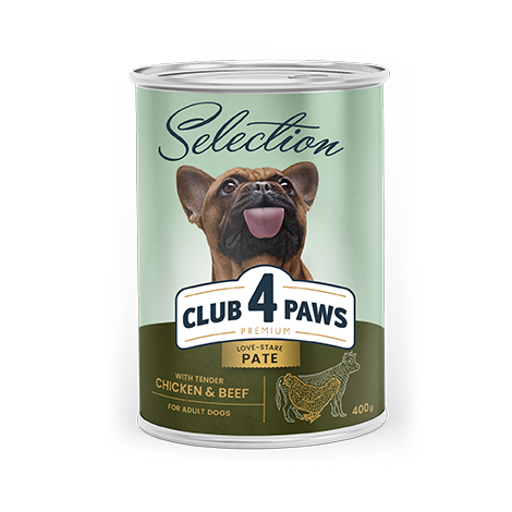  CLUB 4 PAWS Премиум Пълноценна консервирана храна за израстнали кучета «Пастет с пилешко и телешко»