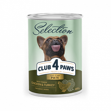 CLUB 4 PAWS Премиум Пълноценна консервирана храна за израстнали кучета «Пастет с пилешко и пуешко»