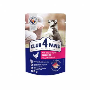 CLUB 4 PAWS ПРЕМИУМ ЗА КУЧЕНЦА"C ПИЛЕ В ЖЕЛЕ". ПЪЛНОЦЕННА КОНСЕРВИРАНА ХРАНА