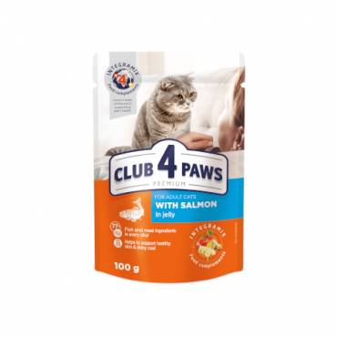 CLUB 4 PAWS PREMIUM "СЪС СЬОМГА В ЖЕЛЕ". ПЪЛНОЦЕННА ХРАНА В КОНСЕРВА ЗА ВЪЗРАСТНИ КОТКИ