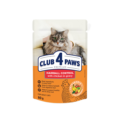 CLUB 4 PAWS ПРЕМИУМ «С ЕФЕКТ НА ИЗВЕЖДАНЕ НА КОЗИНА ОТ ХРАНОСМИЛАТЕЛНИЯ ТРАКТ». ПЪЛНОЦЕНЕН КОНСЕРВИРАНА ХРАНА ЗА ВЪЗРАСТНИ КОТКИ