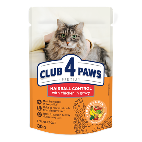 CLUB 4 PAWS ПРЕМИУМ «С ЕФЕКТ НА ИЗВЕЖДАНЕ НА КОЗИНА ОТ ХРАНОСМИЛАТЕЛНИЯ ТРАКТ». ПЪЛНОЦЕНЕН КОНСЕРВИРАНА ХРАНА ЗА ВЪЗРАСТНИ КОТКИ