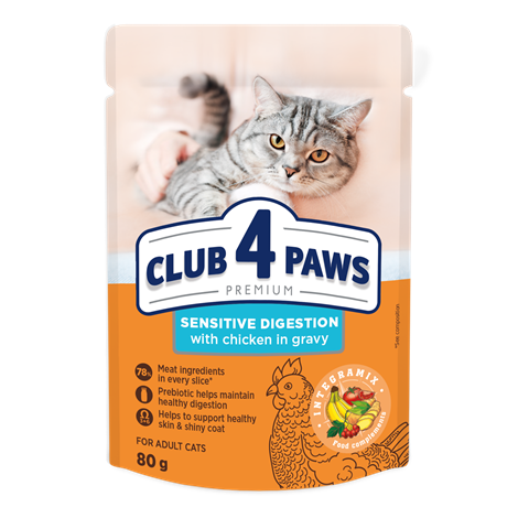 CLUB 4 PAWS ПРЕМИУМ «ЧУВСТВИТЕЛНО ХРАНОСМИЛАНЕ». ПЪЛНОЦЕНЕН КОНСЕРВИРАНА ХРАНА ЗА ВЪЗРАСТНИ КОТКИ