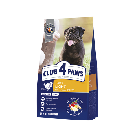 CLUB 4 PAWS PREMIUM LIGHT. ПЪЛНОЦЕННА СУХА ХРАНА ЗА ДОМАШНИ ЛЮБИМЦИ ЗА КОНТРОЛ НА ТЕГЛОТО. ЗА ВЪЗРАСТНИ КУЧЕТА ОТ ДРЕБНИ ПОРОДИ, КАСТРИРАНИ ИЛИ СКЛОННИ КЪМ НАПЪЛНЯВАНЕ . С ВИСОКО СЪДЪРЖАНИЕ НА ПУЕШКО МЕСО