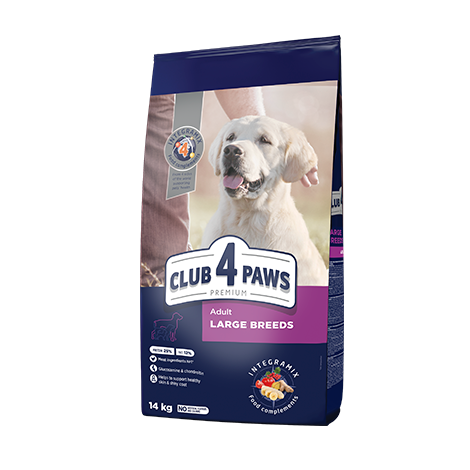 CLUB 4 PAWS ПРЕМИУМ ЗА ЕДРИТЕ ПОРОДИ. ПЪЛНОЦЕННА СУХА ХРАНА ЗА ВЪЗРАСТНИ КУЧЕТА