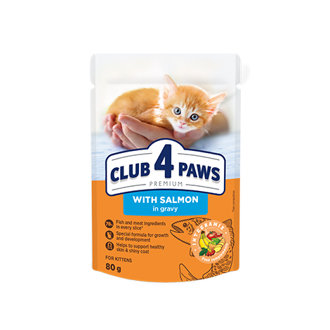 CLUB 4 PAWS ПРЕМИУМ ЗА КОТЕНЦА "СЬОМГА В ЖЕЛЕ". ПЪЛНОЦЕНЕН КОНСЕРВИРАНА ХРАНА