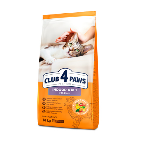 CLUB 4 PAWS ПРЕМИУМ. ЗА КОТКИ, ЖИВЕЕЩИ НА ЗАКРИТО «4 В 1». ПЪЛНОЦЕНЕН СУХА ХРАНА ЗА ВЪЗРАСТНИ КОТКИ С АГНЕШКО