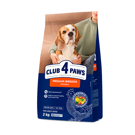 CLUB 4 PAWS ПРЕМИУМ ЗА СРЕДНИ ПОРОДИ. ПЪЛНОЦЕНЕН СУХА ХРАНА ЗА ВЪЗРАСТНИ КУЧЕТА