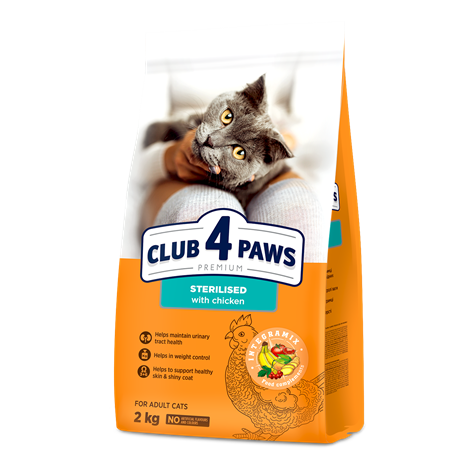 CLUB 4 PAWS ПРЕМИУМ «СТЕРЕЛИЗИРАНИ». ПЪЛНОЦЕНЕН СУХА ХРАНА ЗА ВЪЗРАСТНИ СТЕРЕЛИЗИРАНИ КОТКИ