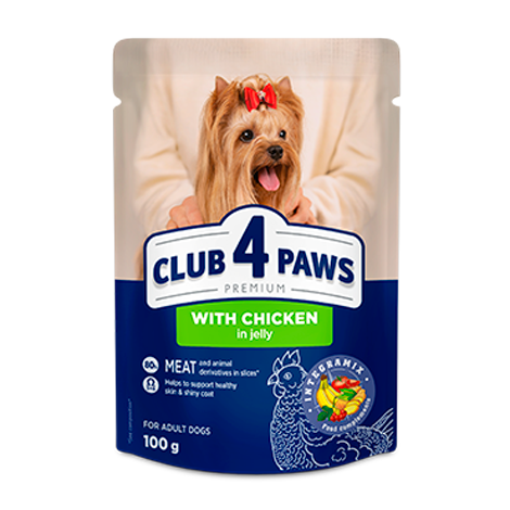CLUB 4 PAWS ПРЕМИУМ "C ПИЛЕ В ЖЕЛЕ". ПЪЛНОЦЕННА КОНСЕРВИРАНА ХРАНА ЗА ВЪЗРАСТНИ КУЧЕТА