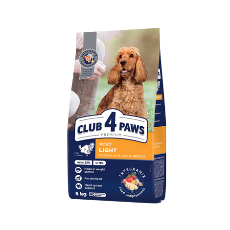 CLUB 4 PAWS PREMIUM LIGHT. ПЪЛНОЦЕННА СУХА ХРАНА ЗА ДОМАШНИ ЛЮБИМЦИ ЗА КОНТРОЛ НА ТЕГЛОТО. ЗА ВЪЗРАСТНИ КУЧЕТА ОТ СРЕДНИ И ЕДРИ ПОРОДИ, КАСТРИРАНИ ИЛИ СКЛОННИ КЪМ НАПЪЛНЯВАНЕ . С ВИСОКО СЪДЪРЖАНИЕ НА ПУЕШКО МЕСО