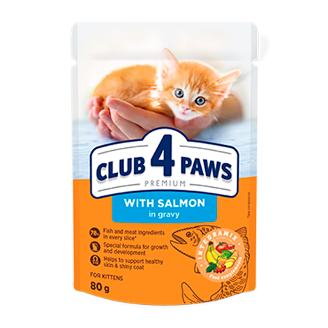CLUB 4 PAWS ПРЕМИУМ ЗА КОТЕНЦА "СЬОМГА В ЖЕЛЕ". ПЪЛНОЦЕНЕН КОНСЕРВИРАНА ХРАНА