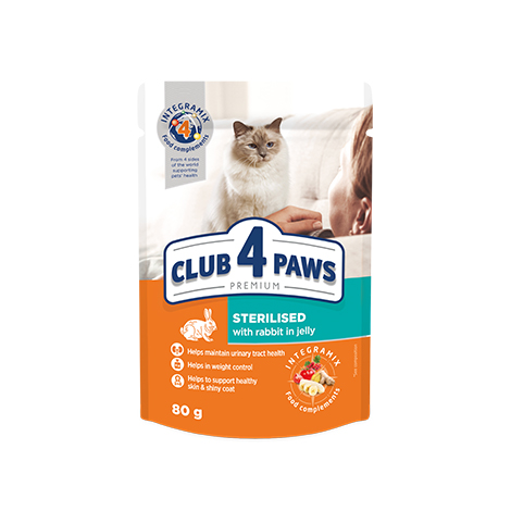 CLUB 4 PAWS PREMIUM PLUS "С заек в желе". Пълноценна консервирана храна за възрастни котки