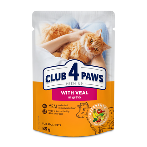 CLUB 4 PAWS PREMIUM "С теле в сос". Пълноценен консервирана храна за възрастни котки