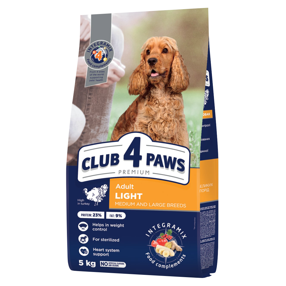 CLUB 4 PAWS PREMIUM LIGHT. ПЪЛНОЦЕННА СУХА ХРАНА ЗА ДОМАШНИ ЛЮБИМЦИ ЗА КОНТРОЛ НА ТЕГЛОТО. ЗА ВЪЗРАСТНИ КУЧЕТА ОТ СРЕДНИ И ЕДРИ ПОРОДИ, КАСТРИРАНИ ИЛИ СКЛОННИ КЪМ НАПЪЛНЯВАНЕ . С ВИСОКО СЪДЪРЖАНИЕ НА ПУЕШКО МЕСО
