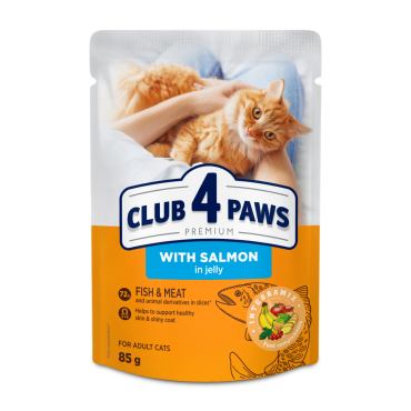 CLUB 4 PAWS PREMIUM "СЪС СЬОМГА В ЖЕЛЕ". ПЪЛНОЦЕННА ХРАНА В КОНСЕРВА ЗА ВЪЗРАСТНИ КОТКИ
