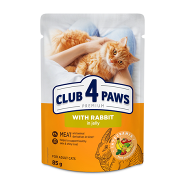 CLUB 4 PAWS ПРЕМИУМ "CЪС ЗАЕК В ЖЕЛЕ". ПЪЛНОЦЕННА КОНСЕРВИРАНА ХРАНА ЗА ВЪЗРАСТНИ КОТКИ