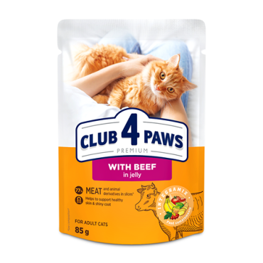 CLUB 4 PAWS ПРЕМИУМ "ГОВЕЖДО В ЖЕЛЕ". ПЪЛНОЦЕННА КОНСЕРВИРАНА ХРАНА ЗА ВЪЗРАСТНИ КОТКИ