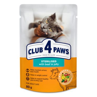 CLUB 4 PAWS ПРЕМИУМ "ГОВЕЖДО В ЖЕЛЕ". ПЪЛНОЦЕННА КОНСЕРВИРАНА ХРАНА ЗА ВЪЗРАСТНИ КОТКИ
