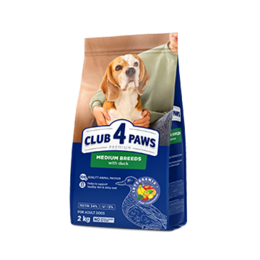 CLUB 4 PAWS ПРЕМИУМ ЗА СРЕДНИ ПОРОДИ «С ПАТИЦА». ПЪЛНОЦЕНЕН СУХА ХРАНА ЗА КУЧЕТА