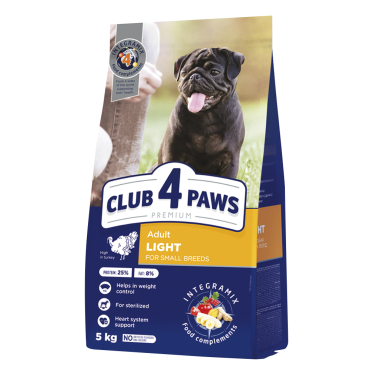 CLUB 4 PAWS PREMIUM LIGHT. ПЪЛНОЦЕННА СУХА ХРАНА ЗА ДОМАШНИ ЛЮБИМЦИ ЗА КОНТРОЛ НА ТЕГЛОТО. ЗА ВЪЗРАСТНИ КУЧЕТА ОТ ДРЕБНИ ПОРОДИ, КАСТРИРАНИ ИЛИ СКЛОННИ КЪМ НАПЪЛНЯВАНЕ . С ВИСОКО СЪДЪРЖАНИЕ НА ПУЕШКО МЕСО