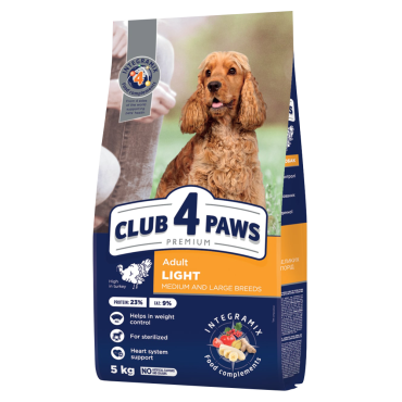 CLUB 4 PAWS PREMIUM LIGHT. ПЪЛНОЦЕННА СУХА ХРАНА ЗА ДОМАШНИ ЛЮБИМЦИ ЗА КОНТРОЛ НА ТЕГЛОТО. ЗА ВЪЗРАСТНИ КУЧЕТА ОТ СРЕДНИ И ЕДРИ ПОРОДИ, КАСТРИРАНИ ИЛИ СКЛОННИ КЪМ НАПЪЛНЯВАНЕ . С ВИСОКО СЪДЪРЖАНИЕ НА ПУЕШКО МЕСО