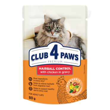 CLUB 4 PAWS ПРЕМИУМ «С ЕФЕКТ НА ИЗВЕЖДАНЕ НА КОЗИНА ОТ ХРАНОСМИЛАТЕЛНИЯ ТРАКТ». ПЪЛНОЦЕНЕН КОНСЕРВИРАНА ХРАНА ЗА ВЪЗРАСТНИ КОТКИ