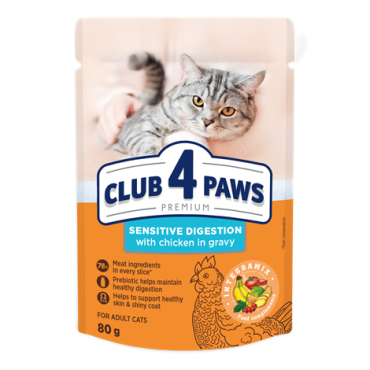 CLUB 4 PAWS ПРЕМИУМ «ЧУВСТВИТЕЛНО ХРАНОСМИЛАНЕ». ПЪЛНОЦЕНЕН КОНСЕРВИРАНА ХРАНА ЗА ВЪЗРАСТНИ КОТКИ