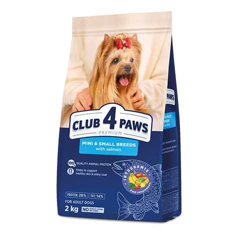 CLUB 4 PAWS ПРЕМИУМ ЗА МИНИАТЮРНИ И ДРЕБНИ ПОРОДИ “СЪС СЬОМГА”.   ПЪЛНОЦЕННА СУХА ХРАНА ЗА ВЪЗРАСТНИ КУЧЕТА