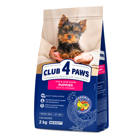 CLUB 4 PAWS ПРЕМИУМ ПЪЛНОЦЕННА СУХА ХРАНА ЗА МАЛКИ КУЧЕНЦА ОТ МИНИАТЮРНИ И ДРЕБНИ ПОРОДИ «ПИЛЕ»