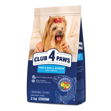 CLUB 4 PAWS ПРЕМИУМ ЗА МИНИАТЮРНИ И ДРЕБНИ ПОРОДИ “СЪС СЬОМГА”.   ПЪЛНОЦЕННА СУХА ХРАНА ЗА ВЪЗРАСТНИ КУЧЕТА