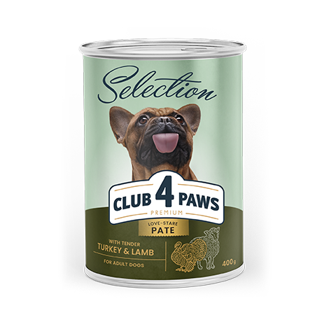 CLUB 4 PAWS Премиум Пълноценна консервирана храна за израстнали кучета «Пастет с пуешко и агнешко»