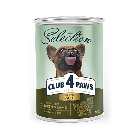 CLUB 4 PAWS Премиум Пълноценна консервирана храна за израстнали кучета «Пастет с пилешко и агнешко»
